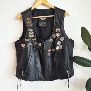 VTG Harley Davidson Leather Vest Pins/Patches Women 1W Zip Embroidered HOG Biker